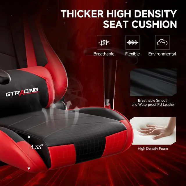 Alt view image 4 of 7 - Gaming Chair with Reclining Backrest, Adjustable Height and Swivel Base, Ergonomic Computer Chair with Headrest and Lumbar Support (Red)