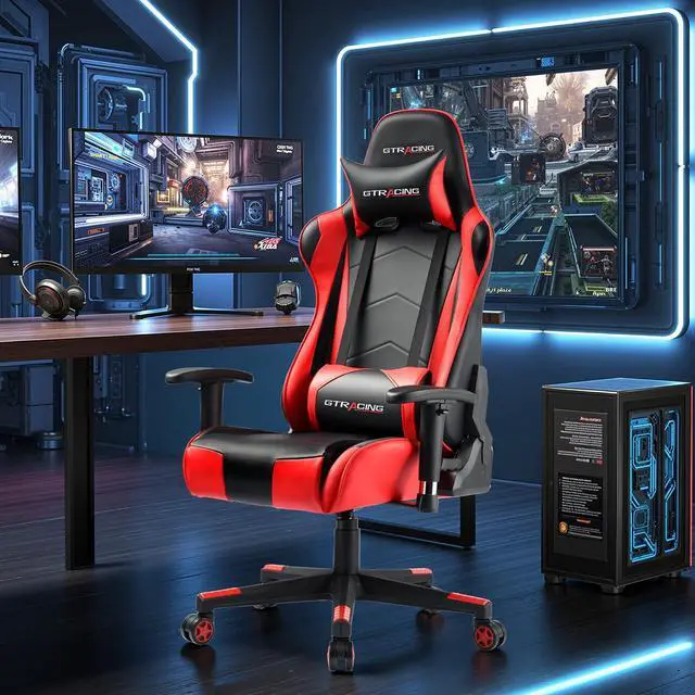 Alt view image 5 of 7 - Gaming Chair with Reclining Backrest, Adjustable Height and Swivel Base, Ergonomic Computer Chair with Headrest and Lumbar Support (Red)