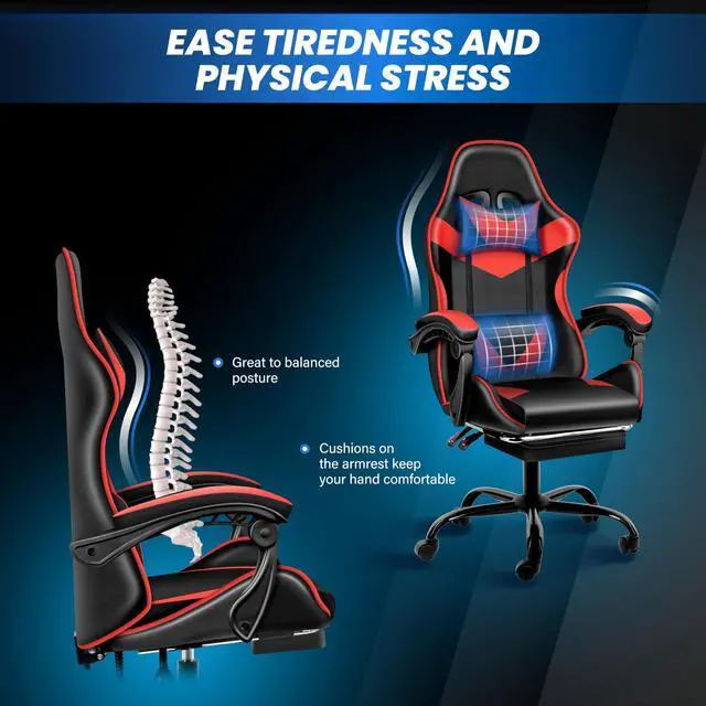 Alt view image 2 of 6 - Gaming Chair, High Back Office Computer Desk Chair with Adjustable Lumbar Support, Recliner Swivel Video Game Chair with Footrest, Height Adjustable Seat and Backrest, Black/Red