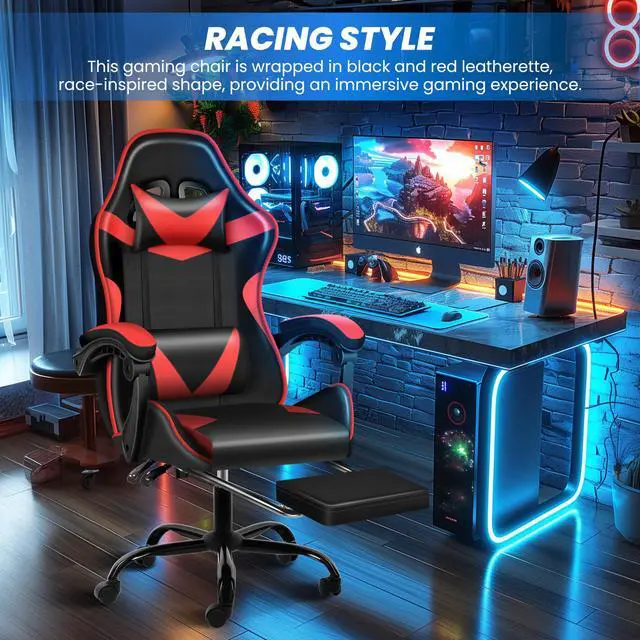Alt view image 3 of 6 - Gaming Chair, High Back Office Computer Desk Chair with Adjustable Lumbar Support, Recliner Swivel Video Game Chair with Footrest, Height Adjustable Seat and Backrest, Black/Red