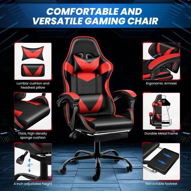 Alt view image 4 of 6 - Gaming Chair, High Back Office Computer Desk Chair with Adjustable Lumbar Support, Recliner Swivel Video Game Chair with Footrest, Height Adjustable Seat and Backrest, Black/Red
