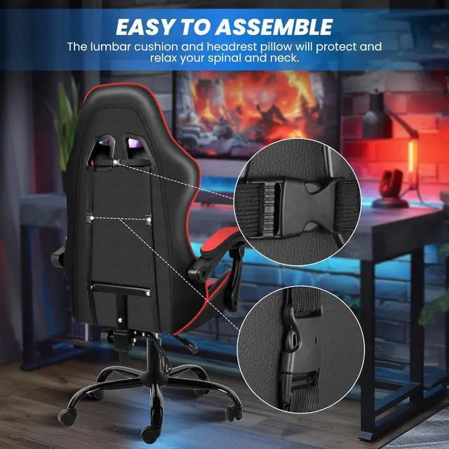Alt view image 5 of 6 - Gaming Chair, High Back Office Computer Desk Chair with Adjustable Lumbar Support, Recliner Swivel Video Game Chair with Footrest, Height Adjustable Seat and Backrest, Black/Red