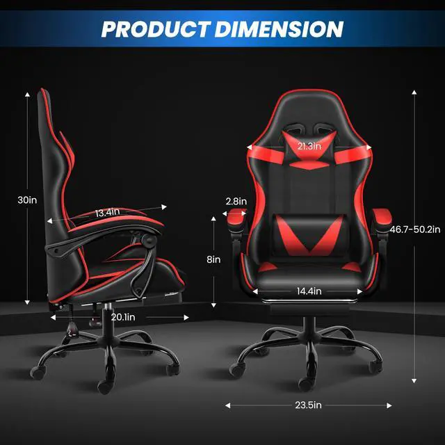 Alt view image 6 of 6 - Gaming Chair, High Back Office Computer Desk Chair with Adjustable Lumbar Support, Recliner Swivel Video Game Chair with Footrest, Height Adjustable Seat and Backrest, Black/Red