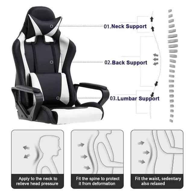 Alt view image 3 of 7 - High-Back Gaming Chair PC Office Chair Computer Racing Chair PU Desk Task Chair Ergonomic Executive Swivel Rolling Chair with Lumbar Support for Back Pain Women, Men,White