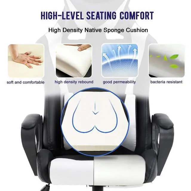 Alt view image 4 of 7 - High-Back Gaming Chair PC Office Chair Computer Racing Chair PU Desk Task Chair Ergonomic Executive Swivel Rolling Chair with Lumbar Support for Back Pain Women, Men,White