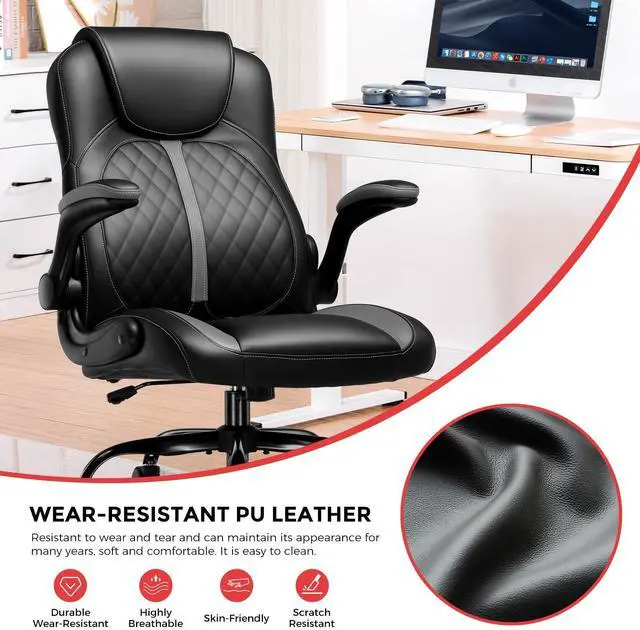 Alt view image 7 of 7 - Office Computer Gaming Chair Ergonomic Desk Chair for Adults with Lumbar Support Flip-Up Arms Adjustable Height Swivel Wheels PU Leather Executive Design for Short People Use, Gray