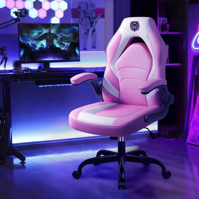 Alt view image 2 of 7 - Gaming Chair, Leather High-Back Home Office Desk Chair with Flip-Up Arms, Ergonomic Padded Rolling Wheels Swivel Tilt Gamer Computer Chair with Comfy Lumbar Support, Height Adjustable, Pink