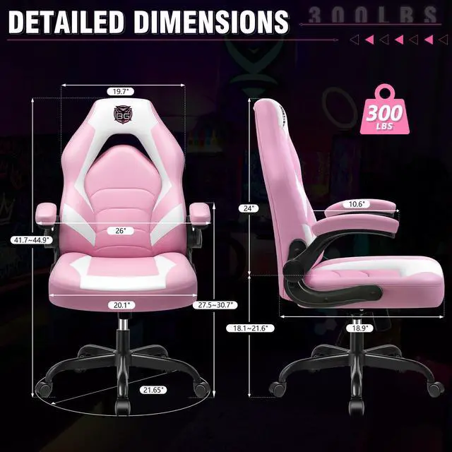 Alt view image 3 of 7 - Gaming Chair, Leather High-Back Home Office Desk Chair with Flip-Up Arms, Ergonomic Padded Rolling Wheels Swivel Tilt Gamer Computer Chair with Comfy Lumbar Support, Height Adjustable, Pink