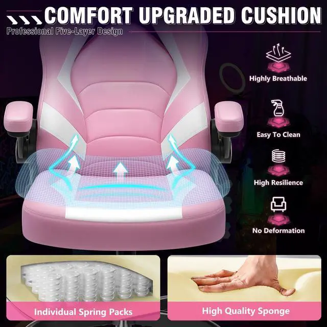 Alt view image 5 of 7 - Gaming Chair, Leather High-Back Home Office Desk Chair with Flip-Up Arms, Ergonomic Padded Rolling Wheels Swivel Tilt Gamer Computer Chair with Comfy Lumbar Support, Height Adjustable, Pink