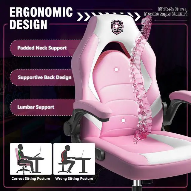 Alt view image 4 of 7 - Gaming Chair, Leather High-Back Home Office Desk Chair with Flip-Up Arms, Ergonomic Padded Rolling Wheels Swivel Tilt Gamer Computer Chair with Comfy Lumbar Support, Height Adjustable, Pink