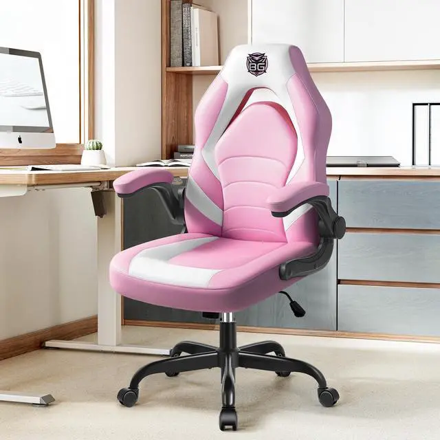 Alt view image 7 of 7 - Gaming Chair, Leather High-Back Home Office Desk Chair with Flip-Up Arms, Ergonomic Padded Rolling Wheels Swivel Tilt Gamer Computer Chair with Comfy Lumbar Support, Height Adjustable, Pink