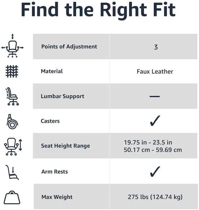 Alt view image 2 of 3 - Classic Puresoft PU Padded Mid-Back Height Adjustable Office Computer Desk Chair with Armrest, 26"D x 23.75"W x 42"H, Black