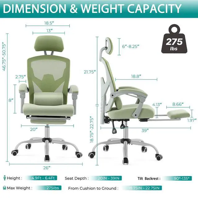 Alt view image 4 of 4 - Office Desk Chair with Footrest Ergonomic Gaming Chair for Adults Computer Mesh, Lumbar Support,Swivel Reclining with Headrest, Comfy Armrest for Home, Office, Work, Study, Light Green