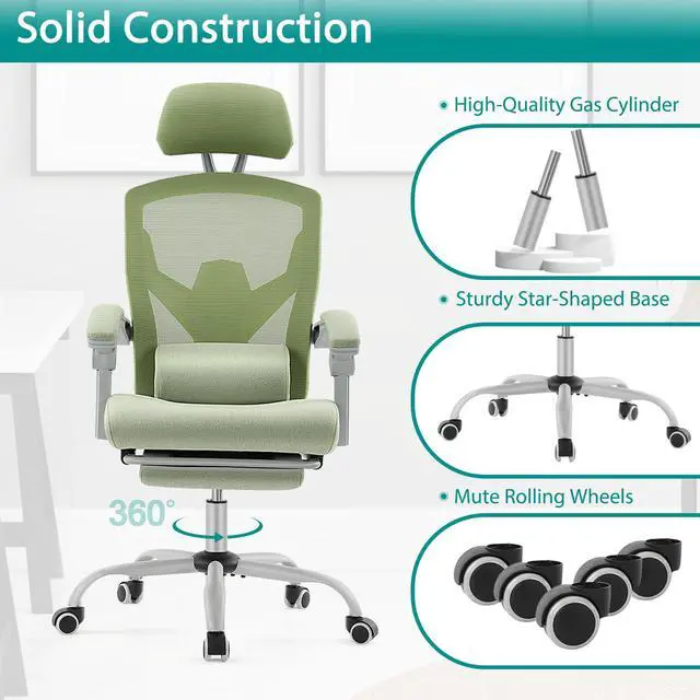 Alt view image 3 of 4 - Office Desk Chair with Footrest Ergonomic Gaming Chair for Adults Computer Mesh, Lumbar Support,Swivel Reclining with Headrest, Comfy Armrest for Home, Office, Work, Study, Light Green
