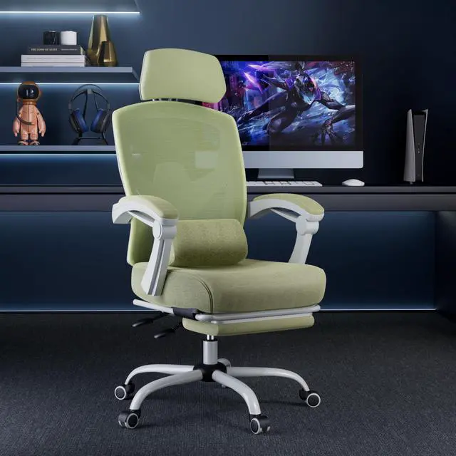 Alt view image 2 of 4 - Office Desk Chair with Footrest Ergonomic Gaming Chair for Adults Computer Mesh, Lumbar Support,Swivel Reclining with Headrest, Comfy Armrest for Home, Office, Work, Study, Light Green