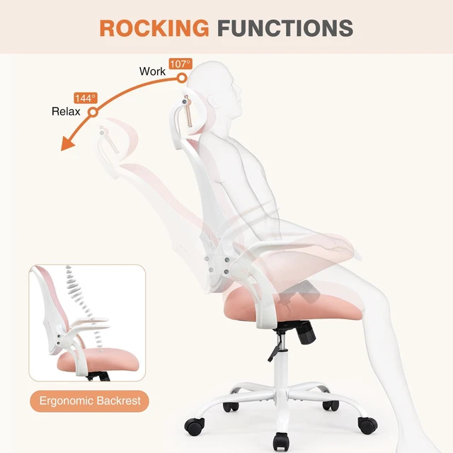 Alt view image 3 of 7 - Home Office Chair, High Back Office Chair, Lumbar Support, Pink Mesh with Adjustable Headrest, Comfortable Flip-up Armrest for Bedroom Study Student Executive