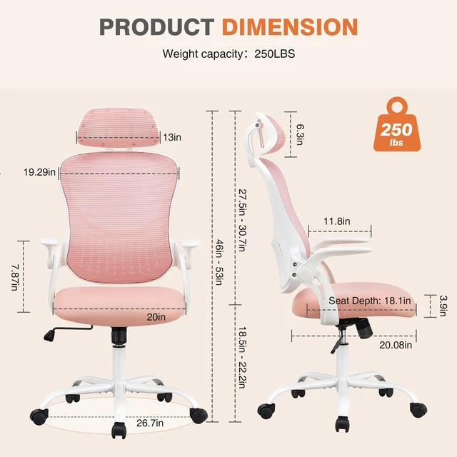 Alt view image 2 of 7 - Home Office Chair, High Back Office Chair, Lumbar Support, Pink Mesh with Adjustable Headrest, Comfortable Flip-up Armrest for Bedroom Study Student Executive