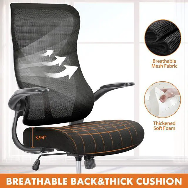 Alt view image 2 of 5 - Ergonomic Office Desk Computer Chair, Comfy High Back Swivel Rolling Home Mesh Gaming Chairs with Wheels, Lumbar Support, Flip-up Arms,for Bedroom, Study, Work, Classic Black