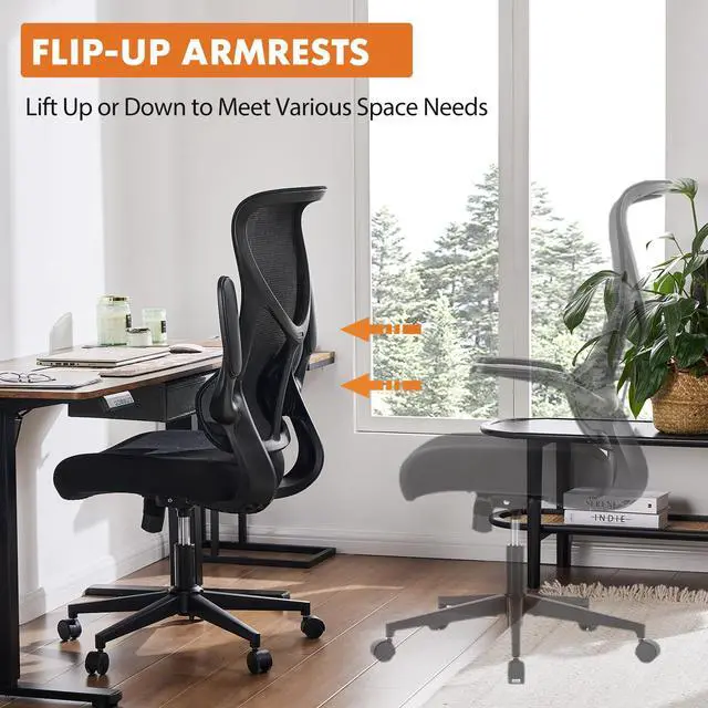 Alt view image 3 of 5 - Ergonomic Office Desk Computer Chair, Comfy High Back Swivel Rolling Home Mesh Gaming Chairs with Wheels, Lumbar Support, Flip-up Arms,for Bedroom, Study, Work, Classic Black