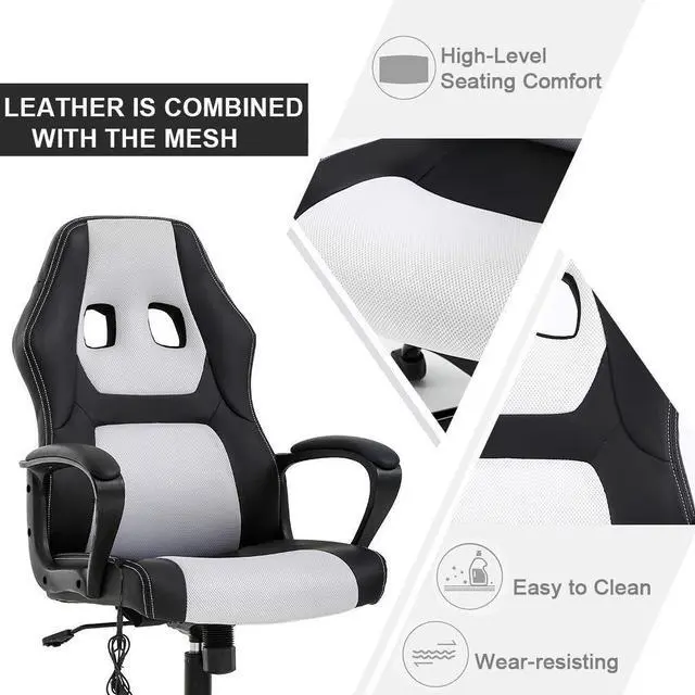 Alt view image 5 of 7 - Gaming Chair Office Chair Desk Chair Massage Ergonomic PU Leather Racing Chair with Lumbar Support Headrest Armrest Task Rolling Swivel Computer Chair for Women Adults Girls(White)