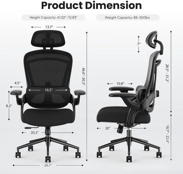 Alt view image 2 of 5 - Ergonomic High Back Office Chair with 2D Headrest, Up&Down Lumbar Support, Swivel Computer Task Mesh Desk Chairs with Adjustable Flip-up Armrests, Classic Black