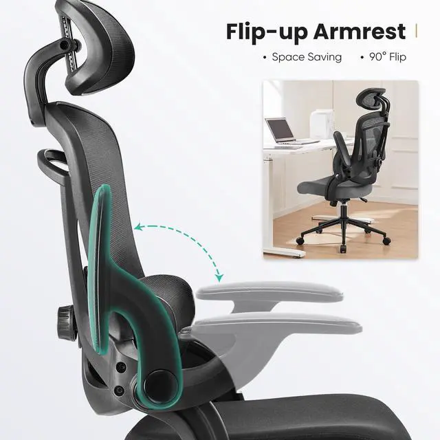 Alt view image 3 of 5 - Ergonomic High Back Office Chair with 2D Headrest, Up&Down Lumbar Support, Swivel Computer Task Mesh Desk Chairs with Adjustable Flip-up Armrests, Classic Black
