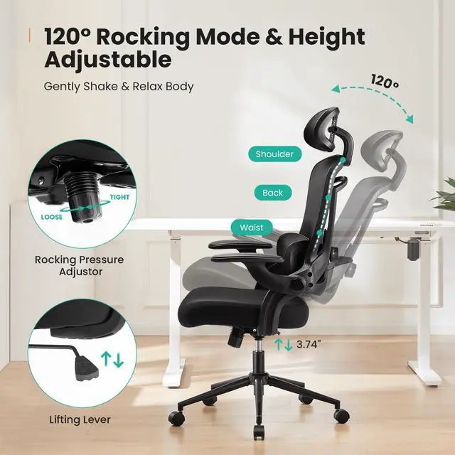Alt view image 4 of 5 - Ergonomic High Back Office Chair with 2D Headrest, Up&Down Lumbar Support, Swivel Computer Task Mesh Desk Chairs with Adjustable Flip-up Armrests, Classic Black