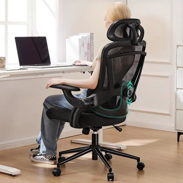 Alt view image 5 of 5 - Ergonomic High Back Office Chair with 2D Headrest, Up&Down Lumbar Support, Swivel Computer Task Mesh Desk Chairs with Adjustable Flip-up Armrests, Classic Black