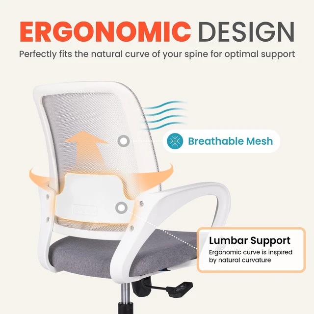 Alt view image 3 of 7 - Home Office Desk Chair Ergonomic Mesh with Lumbar Support, Grey Comfortable Mesh Support, Adjustable Height, 360° Swivel and Smooth Casters Designed for Long Hours of Work or Study
