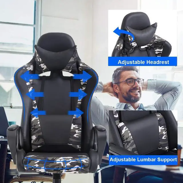 Alt view image 4 of 7 - PC Gaming Chair Office Chair Desk Chair with Lumbar Support Arms Headrest High Back PU Leather Racing Chair Rolling Swivel Executive Computer Chair for Women Adults Girls, Camo