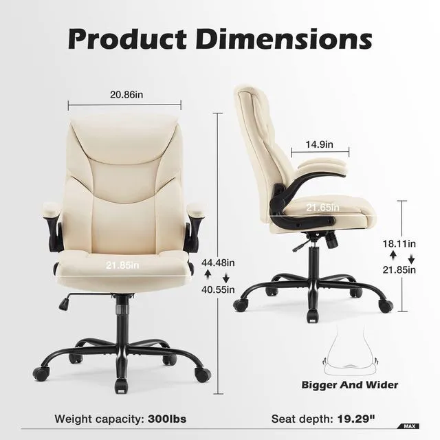 Alt view image 2 of 7 - Leather Office Chair, Computer Desk Chair, Lumbar Support | Adjustable Flip-Up Armrest, Swivel Rolling Wheels, Strong Metal Base, Cream White