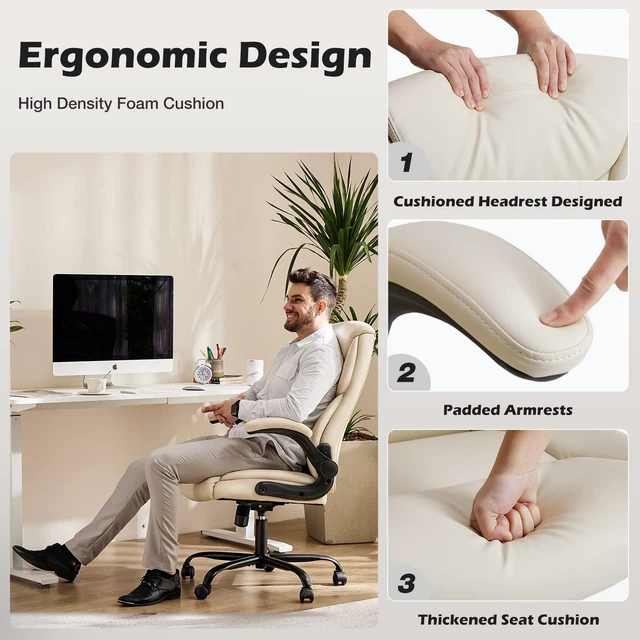 Alt view image 3 of 7 - Leather Office Chair, Computer Desk Chair, Lumbar Support | Adjustable Flip-Up Armrest, Swivel Rolling Wheels, Strong Metal Base, Cream White