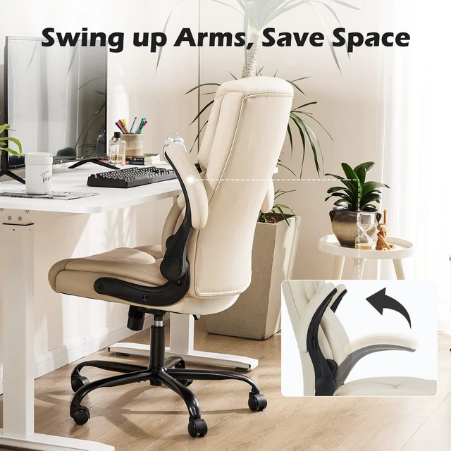 Alt view image 4 of 7 - Leather Office Chair, Computer Desk Chair, Lumbar Support | Adjustable Flip-Up Armrest, Swivel Rolling Wheels, Strong Metal Base, Cream White