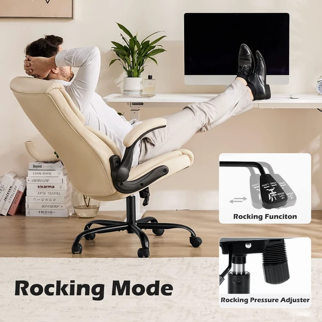 Alt view image 5 of 7 - Leather Office Chair, Computer Desk Chair, Lumbar Support | Adjustable Flip-Up Armrest, Swivel Rolling Wheels, Strong Metal Base, Cream White