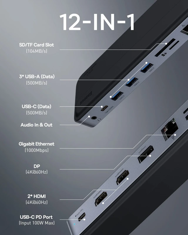 Alt view image 2 of 7 - Laptop Docking Station, 4K Multitasking Docking Station with 2 HDMI+DP, PD, 3 USB-A, RJ45, Audio, TF/SD Card Reader, USB Hub Compatible for MacBook/Dell/HP/Surface/Lenovo