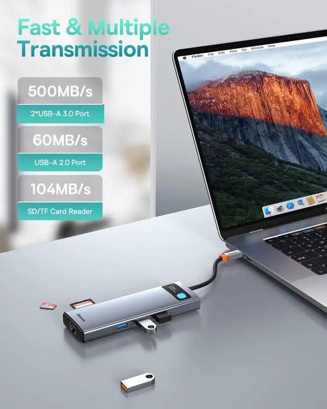 Alt view image 6 of 6 - Baseus Laptop Docking Station Dual Monitor 4K@120Hz, 9 in 1 USB C Hub with 2 HDMI, 1000Mbps LAN, Max 85W PD, 3 USB, SD Card Reader, USB C Dock Compatible with iPhone 15/Mac/Dell/HP/Surface/Steam Deck
