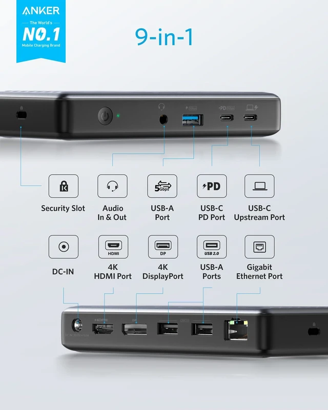 Alt view image 2 of 7 - USB-C Docking Station, PowerExpand 9-in-1 USB-C PD Dock for Laptops 60W Charging for Laptop, 20W Charging for Peripherals, 4K HDMI and DisplayPort, 5Gbps Max Transfer, Ethernet, 3.5 mm Audio