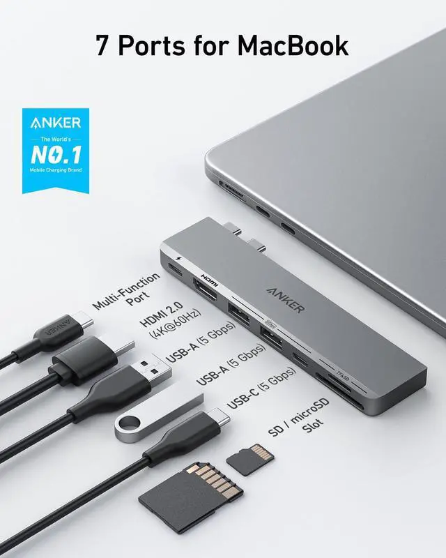 Alt view image 2 of 6 - USB C Hub for MacBook, 7-in-2 with 4K HDMI, Compatible with Thunderbolt 4, 1 Type C and 2 USB A Data Ports for MacBookPro 13 Inch, MacBookAir M1 / M2, and More
