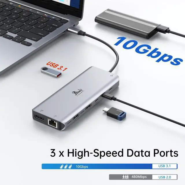 Alt view image 6 of 7 - Laptop Docking Station 13 in 1 - Dual HDMI+DisplayPort+10Gbps, 6 USB C/A, 100W PD, Ethernet, SD/TF, Audio, USB C Hub for MacBook/Dell/HP/Surface