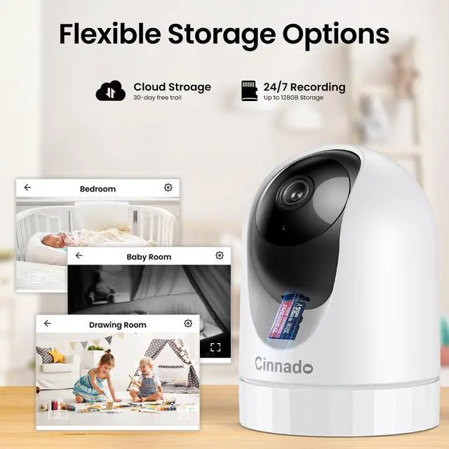 Alt view image 7 of 7 - 2K Home Security Cameras-2.4Ghz WiFi Indoor Camera with 360° Motion Detection for Pets/Nanny/Baby/Dog, 2 Way Audio, 24/7 SD Card Storage, Cloud Storage, Works with Alexa & Google Home, D1 4P