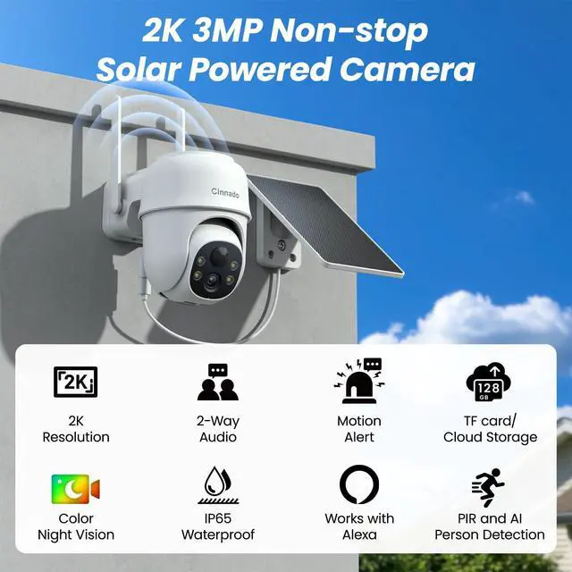 Alt view image 2 of 7 - 2K Cameras for Home Security-2.4G WiFi Outdoor Camera Wireless Solar/Battery Powered with solar panel, 360° Viewing, AI Human Detection, Color Night Vision, with SD Storage, Works with Alexa(2 Pack)