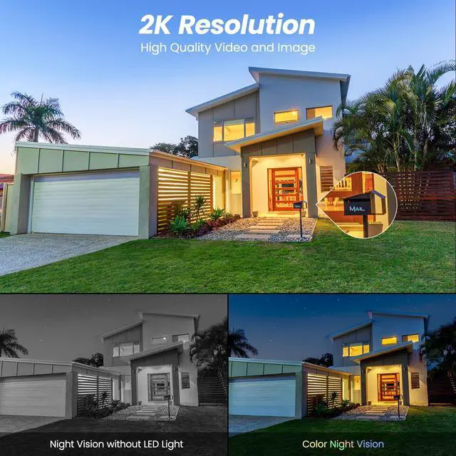 Alt view image 4 of 7 - 2K Cameras for Home Security-2.4G WiFi Outdoor Camera Wireless Solar/Battery Powered with solar panel, 360° Viewing, AI Human Detection, Color Night Vision, with SD Storage, Works with Alexa(2 Pack)