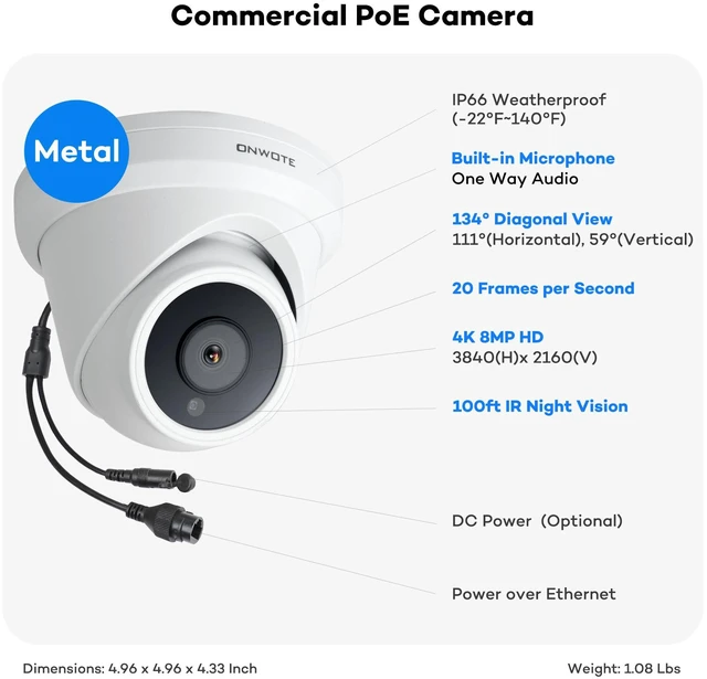 Alt view image 4 of 6 - 4K 8MP 134° PoE IP Security Camera, Capture Video Audio, Dome White | 8 Megapixels, IR Night, Commercial Wired 134° Camera, Home/Business, Indoor/Outdoor, AI Detection, Only Work with ONWOTE NVR