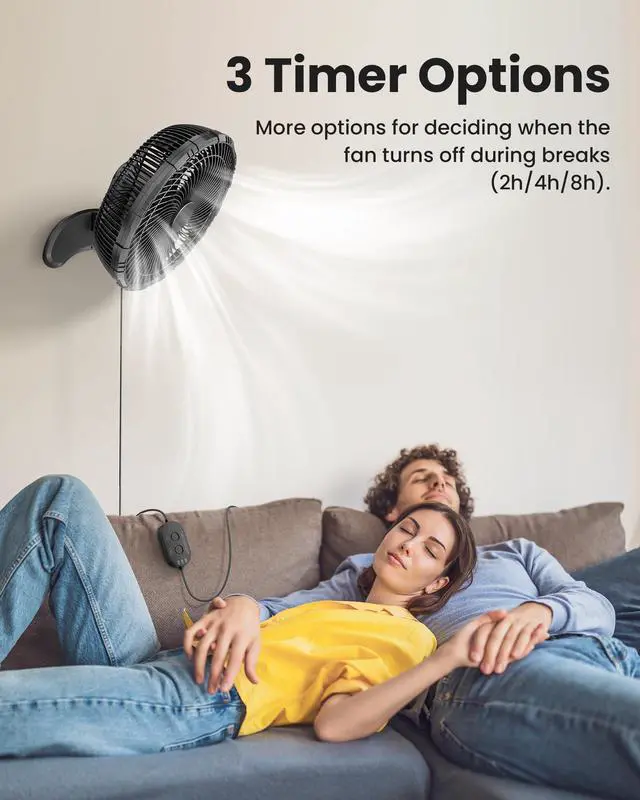 Alt view image 3 of 7 - 12 Inch Wall Mount Fan, Quiet Wall Fan with Timer, 9.8ft Wired Remote, 80° Oscillation, 100° Adjustable, 3 Speeds High Velocity for RV Bedroom Kitchen Office Garage