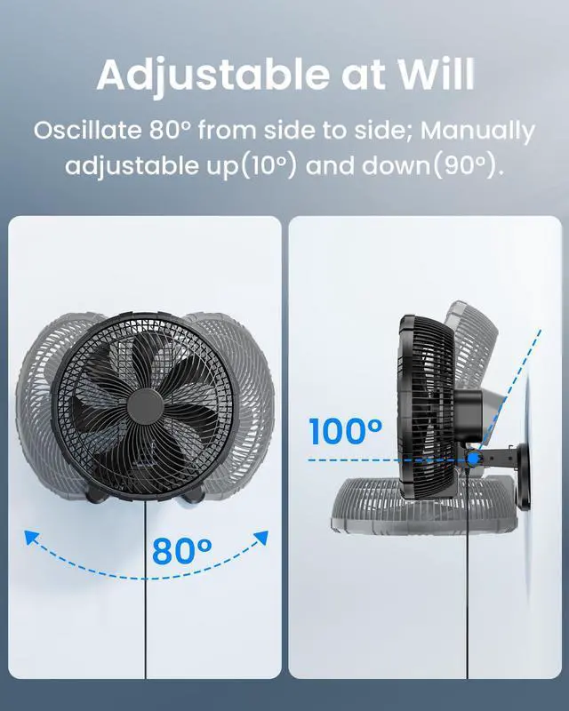 Alt view image 5 of 7 - 12 Inch Wall Mount Fan, Quiet Wall Fan with Timer, 9.8ft Wired Remote, 80° Oscillation, 100° Adjustable, 3 Speeds High Velocity for RV Bedroom Kitchen Office Garage