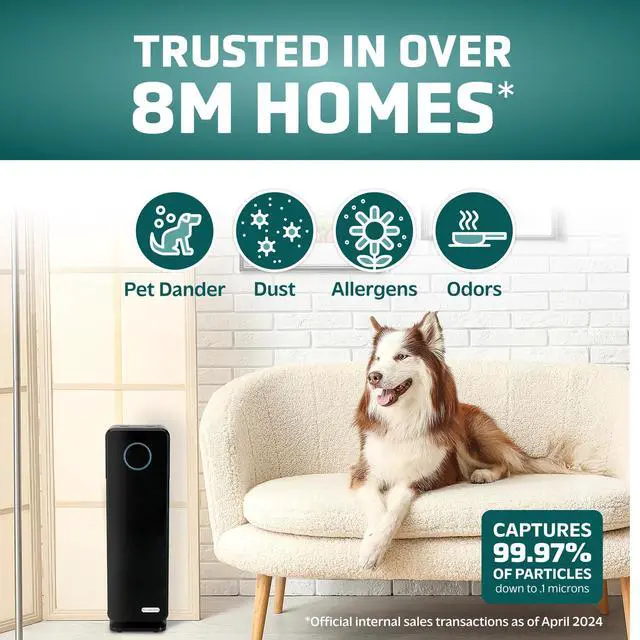 Alt view image 2 of 7 - 5-In-1 HEPA Air Purifier for Home, Pet Air Purifier with HEPA Air Filter & UV-C Light, AC4300BPTCA, 743 Sq. Ft., 22'' Tower, Black