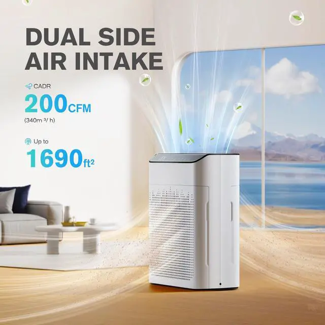 Alt view image 2 of 7 - Air Purifiers for Home Large Room Up to 1690 ft² with PM 2.5 Air Quality Monitor WiFi and Alexa compatible Double-sided Air Inlet for Smoke and Odor 1 Pack+2 Pack HEPA Filters White