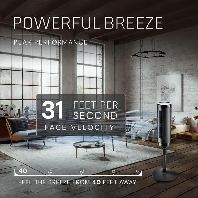 Alt view image 3 of 7 - Elevation Adjustable Tower Fan 42-54, Pedestal Fan, 31 ft/s Airflow, Quiet 28 dB, 90° Oscillation, 12h Timer, Remote, Black, EST100