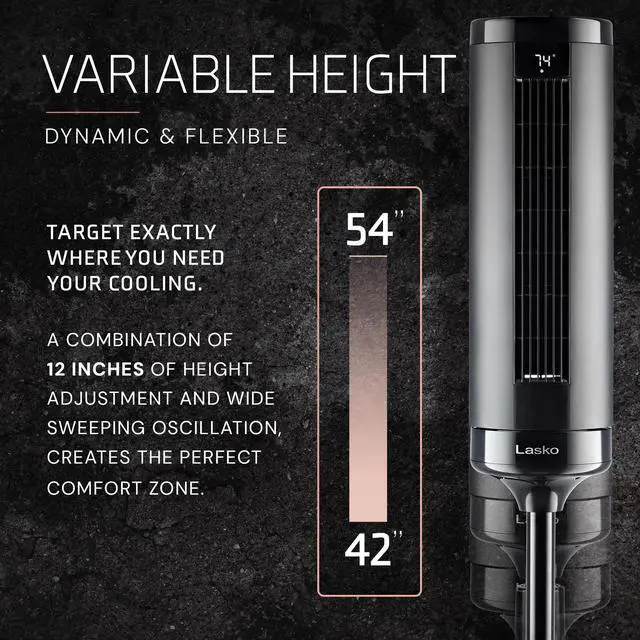 Alt view image 5 of 7 - Elevation Adjustable Tower Fan 42-54, Pedestal Fan, 31 ft/s Airflow, Quiet 28 dB, 90° Oscillation, 12h Timer, Remote, Black, EST100