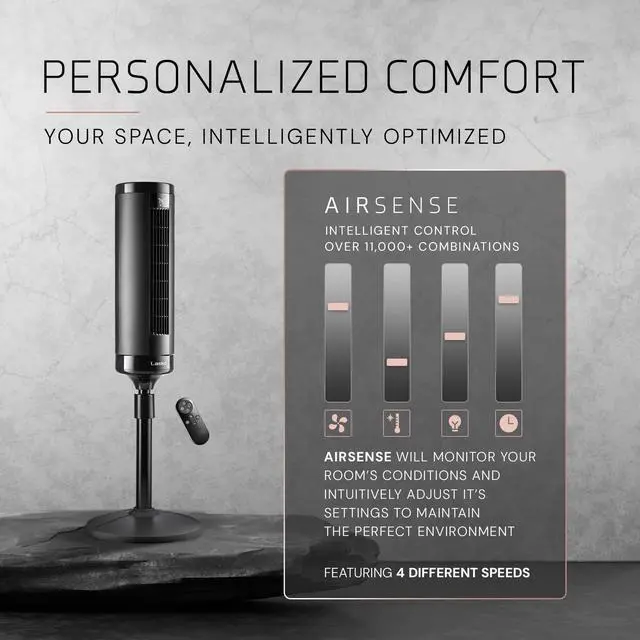 Alt view image 6 of 7 - Elevation Adjustable Tower Fan 42-54, Pedestal Fan, 31 ft/s Airflow, Quiet 28 dB, 90° Oscillation, 12h Timer, Remote, Black, EST100
